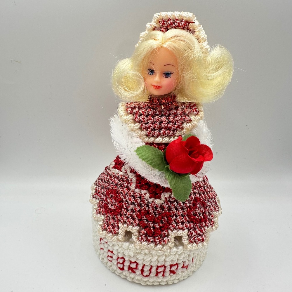 Vintage Plastic Canvas February Birth Month Doll Red White Handmade Kitsch 6.5"